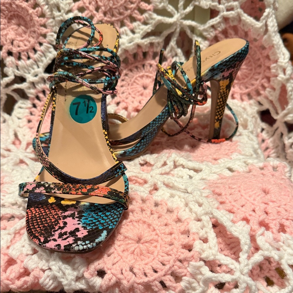 Multi-Color Snakeskin Strappy High Heel Sandals - Women's